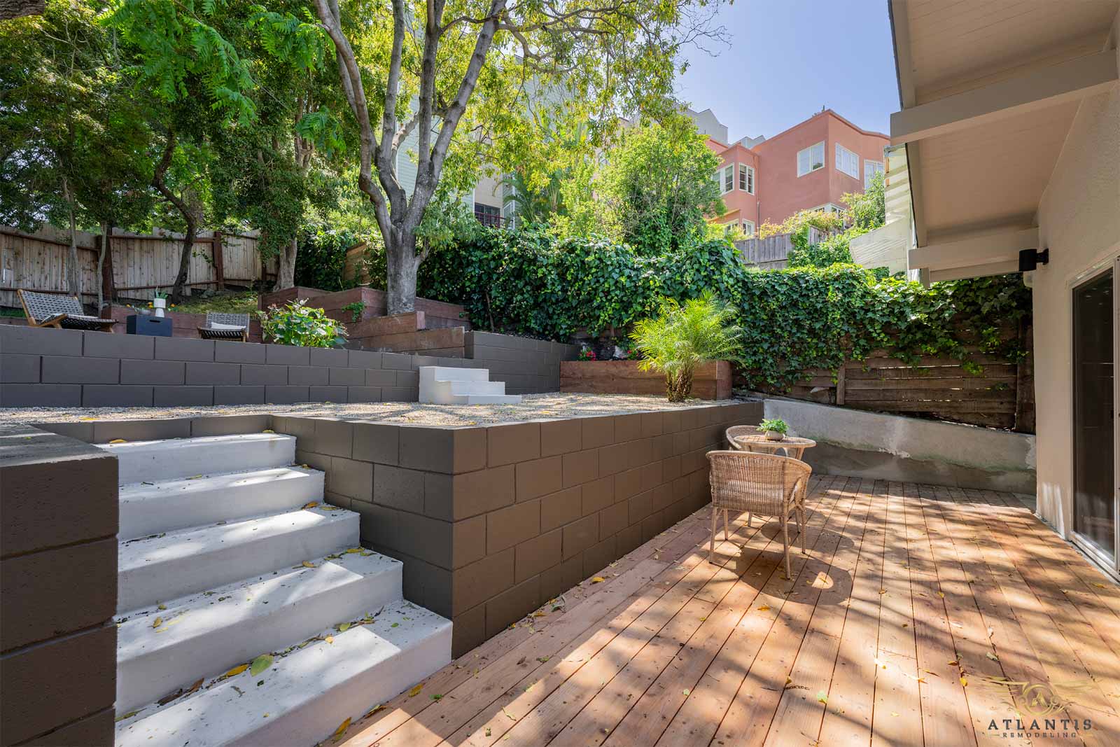 Wood deck with wicker seating