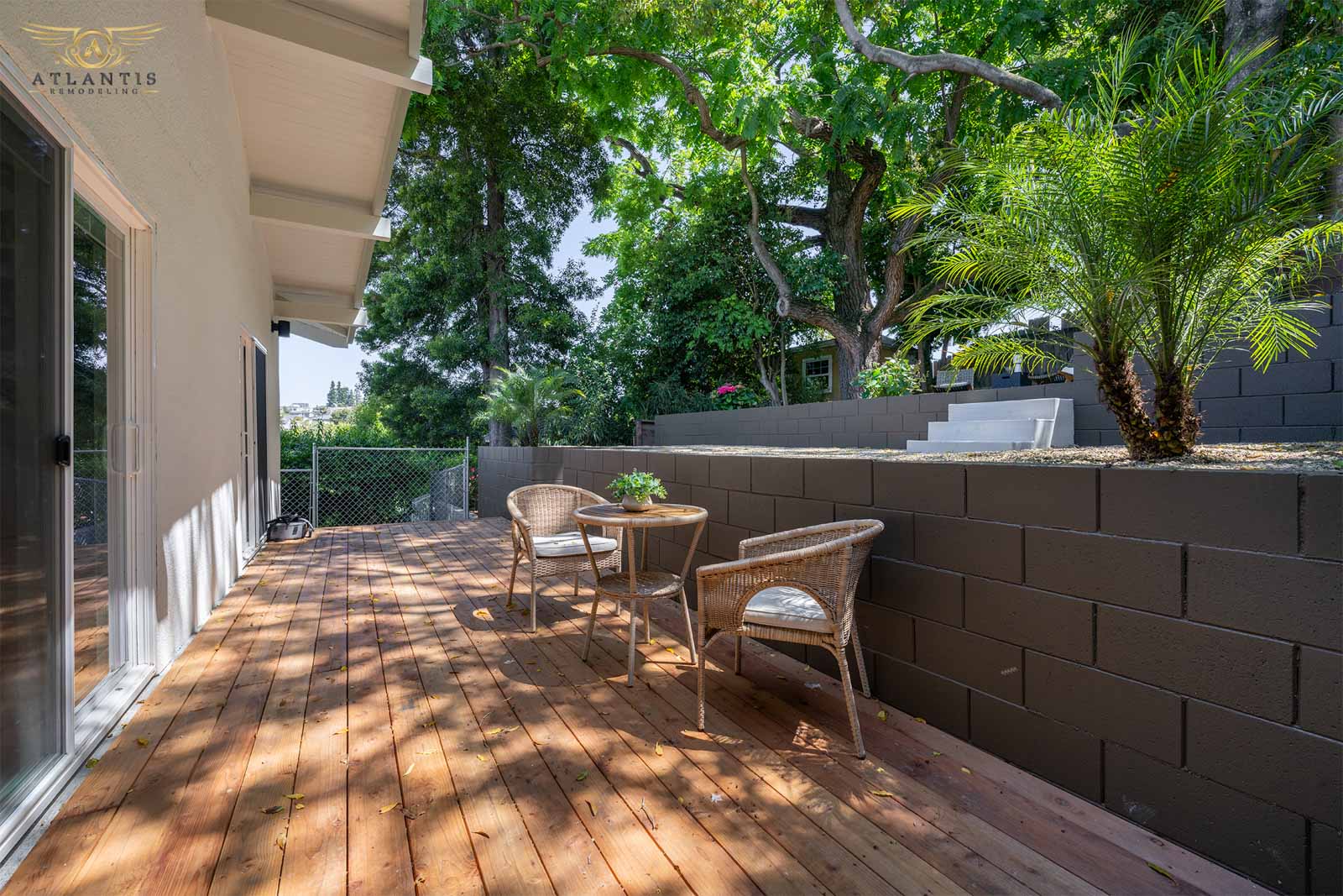 Expansive wood deck with bistro set