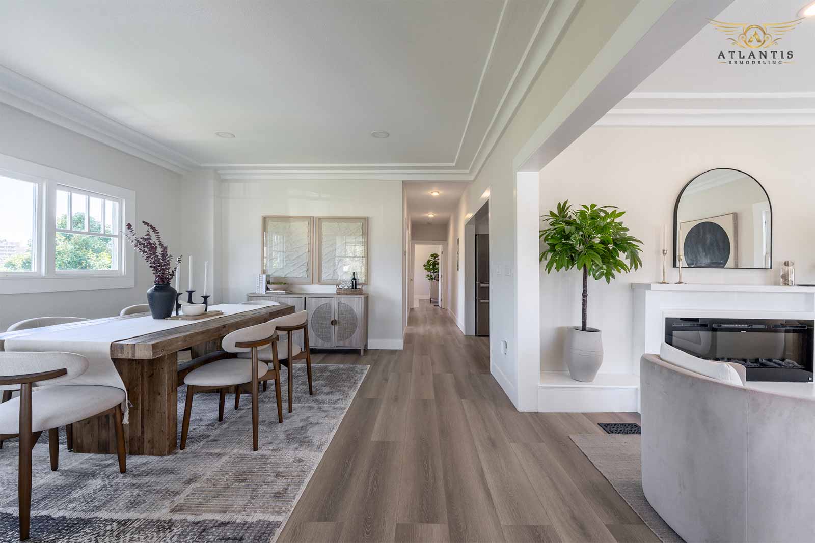 Open-concept dining area with modern fireplace