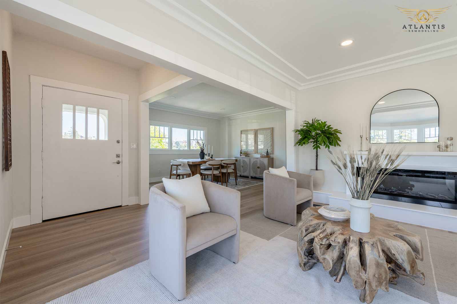 Living room with entry door and modern fireplace
